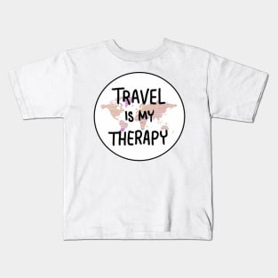 Travel is My Therapy" Minimalist World Map Sticker Kids T-Shirt